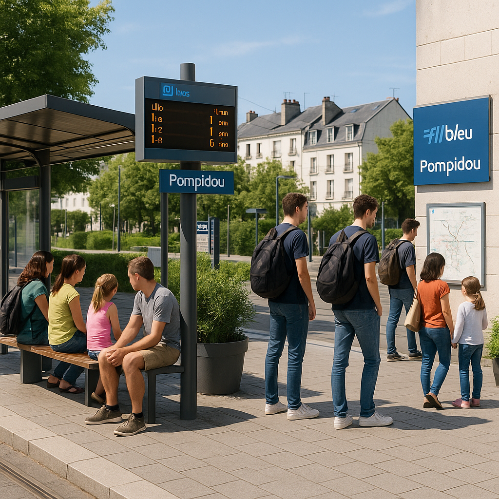 Scène d'une station de tram à Tours, France, montrant des usagers attendant le tram avec des informations sur le réseau Fil Bleu.