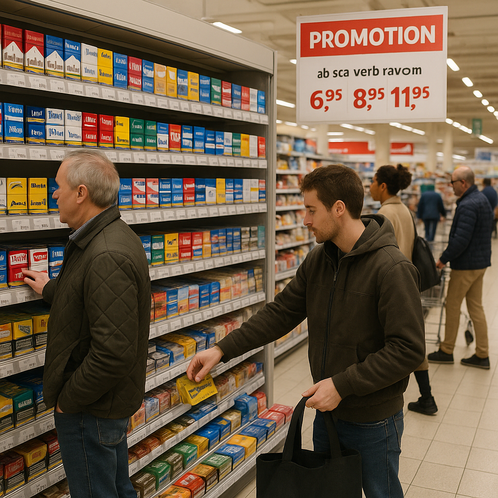 Clients choisissant des cigarettes et du tabac à rouler dans un supermarché en Suisse