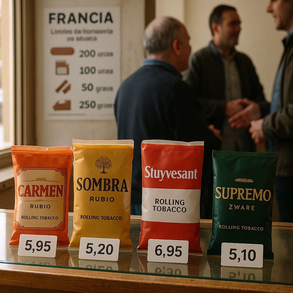 Des sacs de tabac à rouler sur le comptoir d'un estanco en Espagne avec des étiquettes de prix et une affiche sur les limites douanières