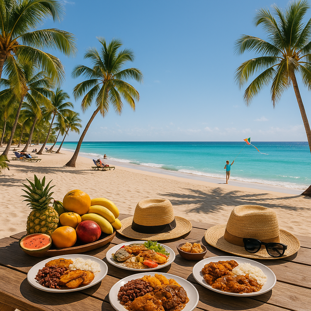 Vue d'une plage ensoleillée avec une table de pique-nique remplie de spécialités créoles.