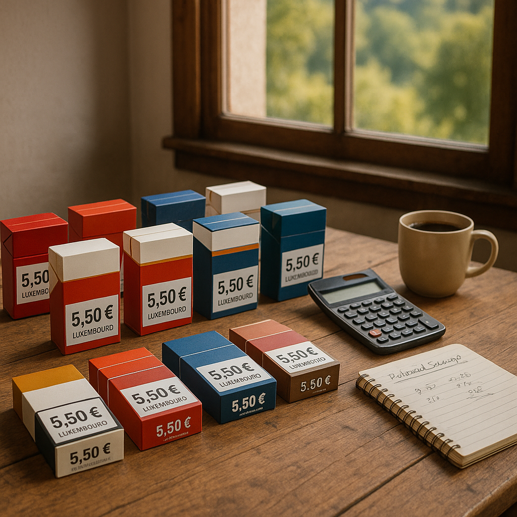 Table avec paquets de cigarettes au Luxembourg et accessoires de planification des économies.