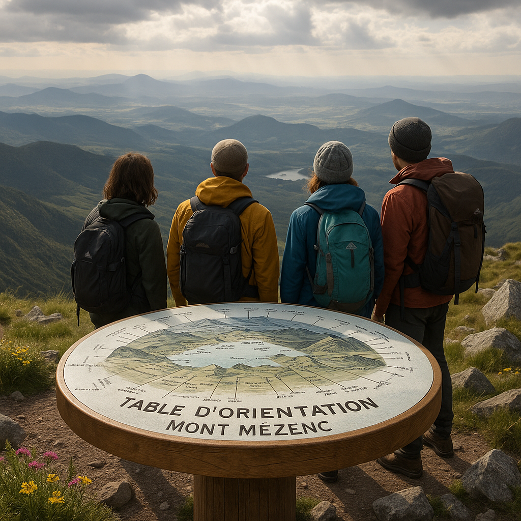 Table d'Orientation au Mont Mézenc avec vue panoramique et randonneurs en arrière-plan.