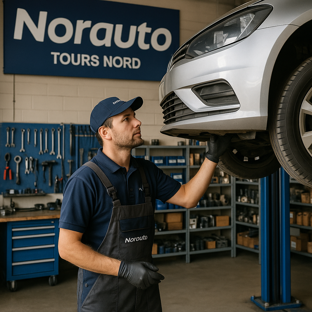 Technicien automobile travaillant sur un véhicule au centre Norauto Tours Nord.