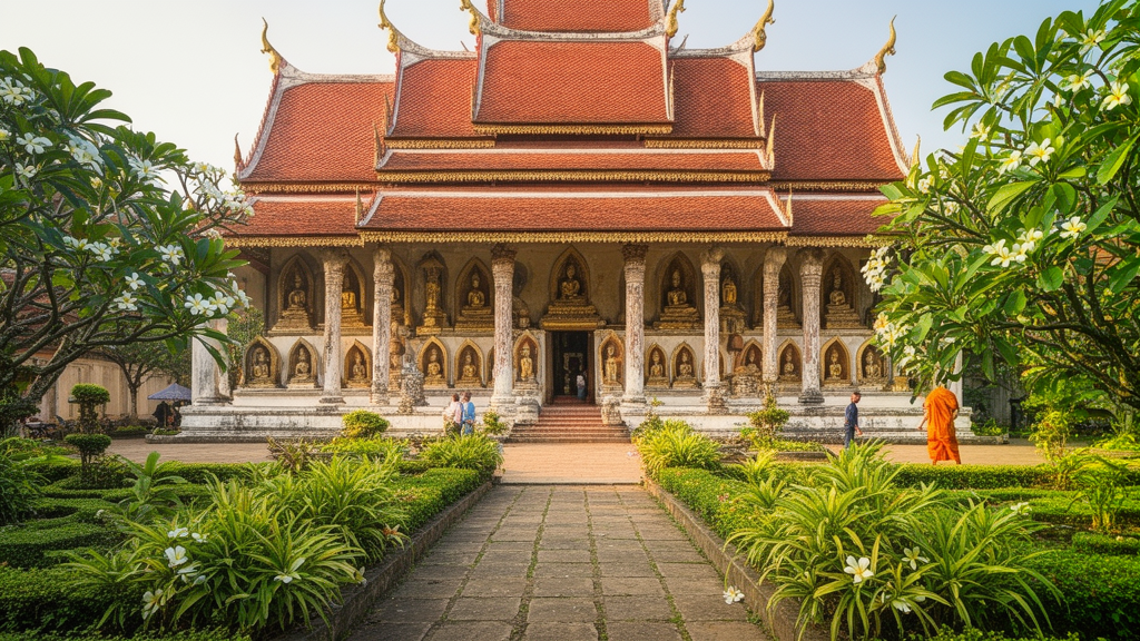 Cour de temple bouddhiste Ă Viangchan avec statues de Bouddha, architecture lao et ambiance paisible.
