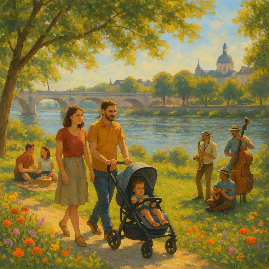 Famille se promenant le long de la Loire devant des amis profitant d'un pique-nique.