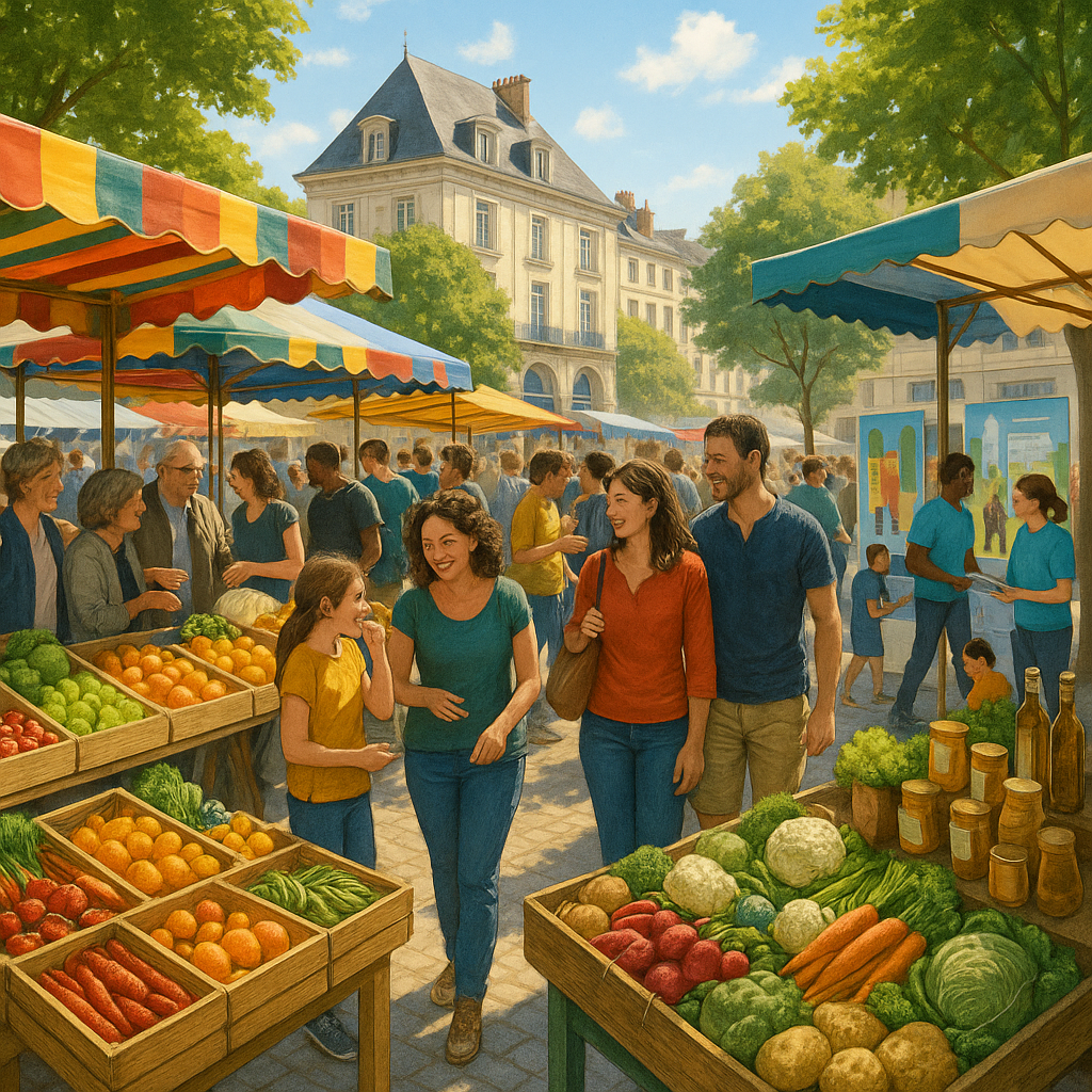 Vue d'un marché animé à Tours avec des stands de produits frais et des visiteurs explorant les offres.