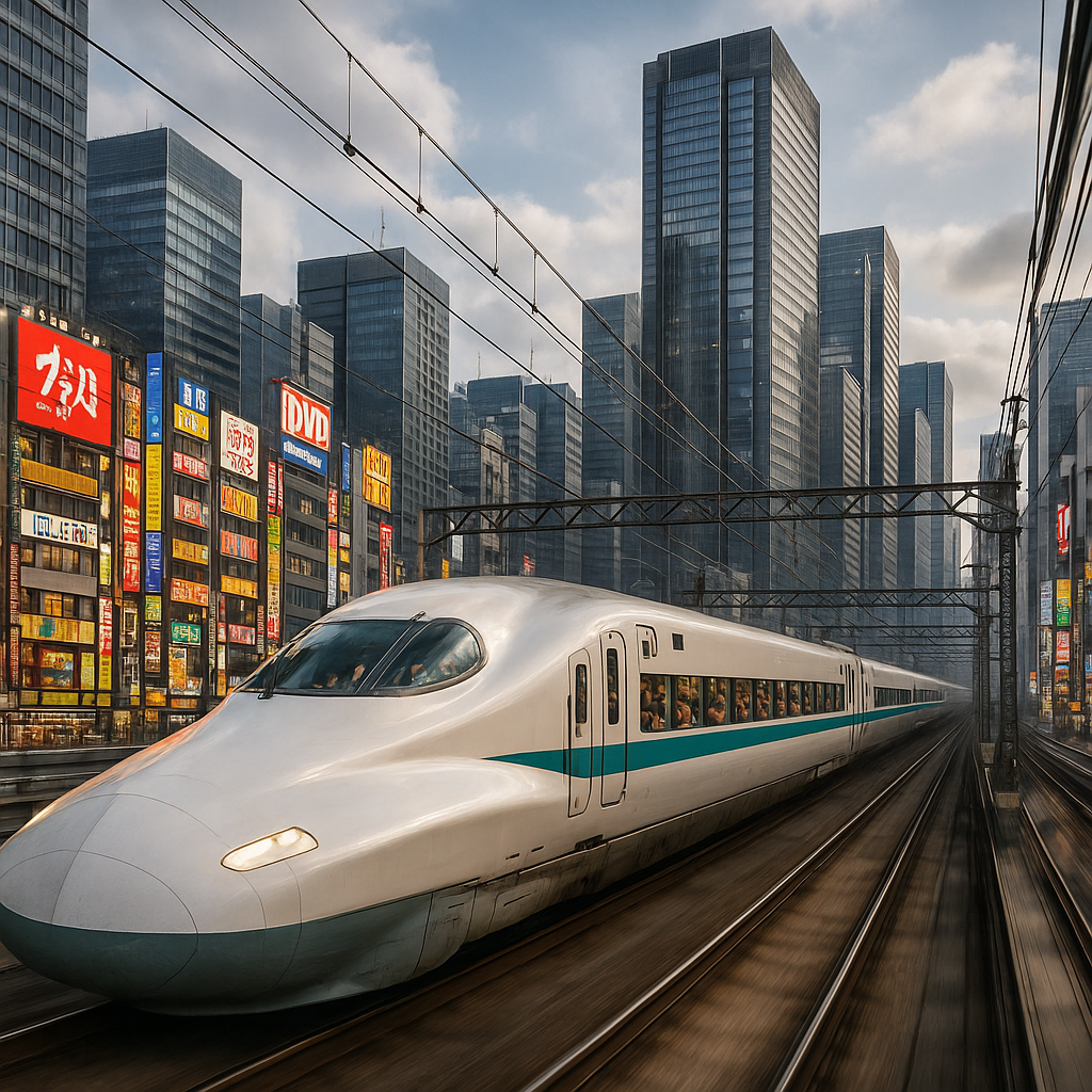 Vue panoramique des transports en commun à Tokyo en 2025 avec un train shinkansen traversant la ville.
