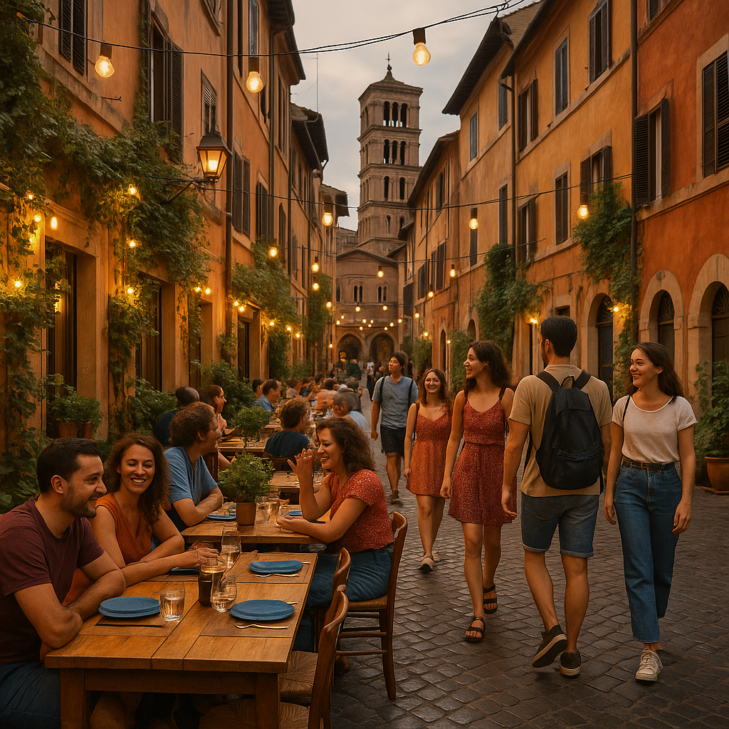 Visiteurs dans le quartier de Trastevere à Rome, dégustant des plats typiques en extérieur
