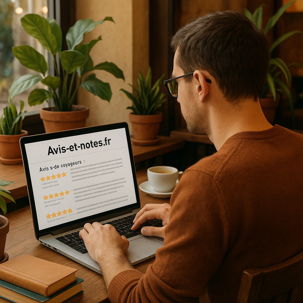 Un utilisateur assis dans un café, consultant un ordinateur portable avec Avis-et-notes.fr à l'écran, entouré d'un environnement chaleureux.