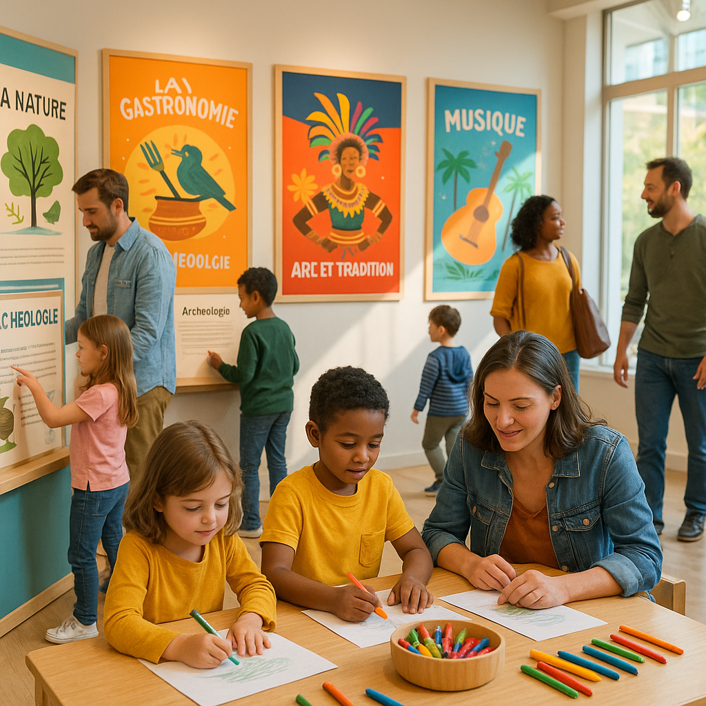 Des familles découvrant des expositions dans un musée interactif, avec des enfants participant à un atelier artistique.