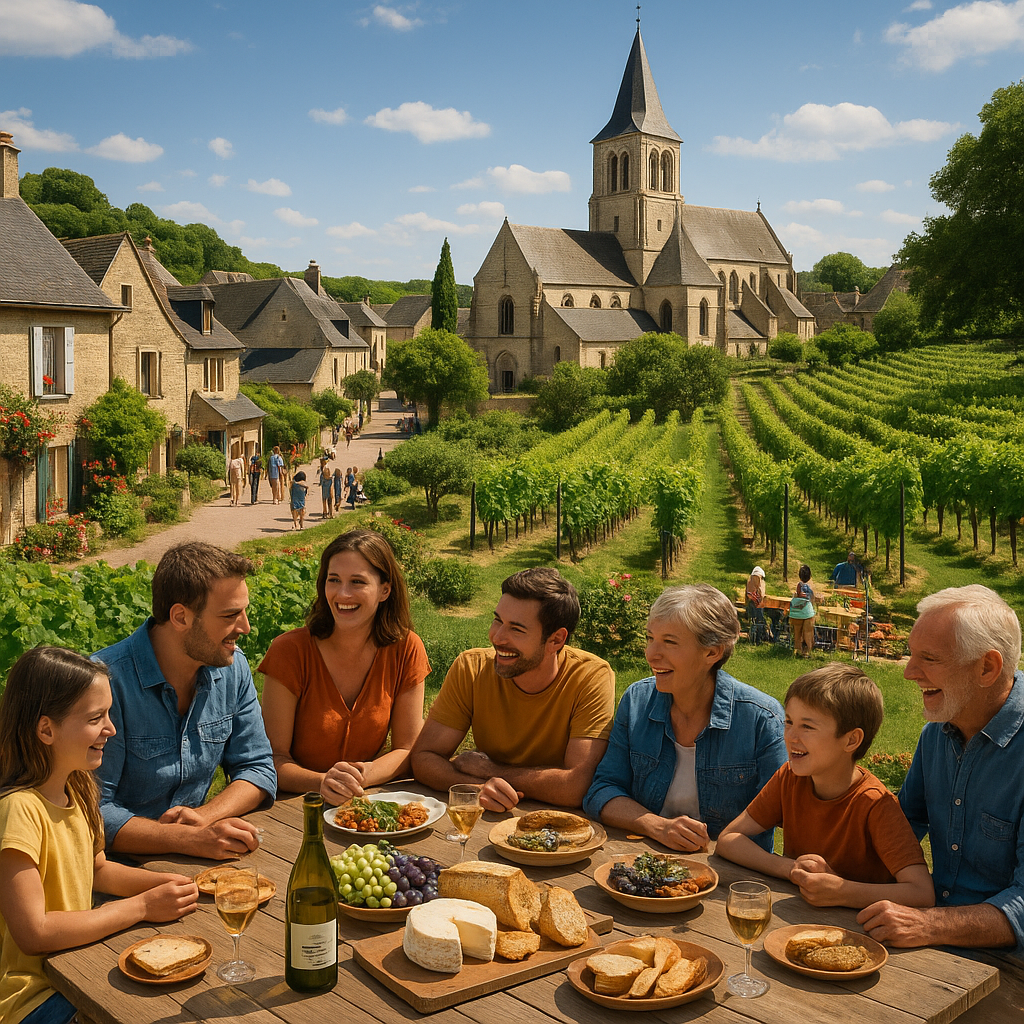 Une vue panoramique d'un village de la vallée de la Loire avec des maisons en pierre et une table dressée pour un repas en extérieur.