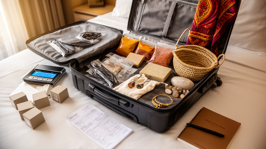 Valise organisée avec des souvenirs de Madagascar faciles à transporter comme vanille, épices, raphia, textiles et pierres polies.