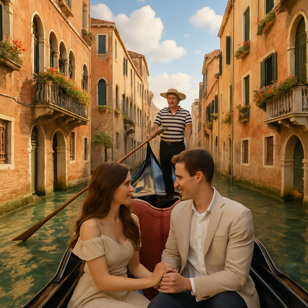 Couple en gondole sur un canal à Venise, entouré de bùtiments historiques.
