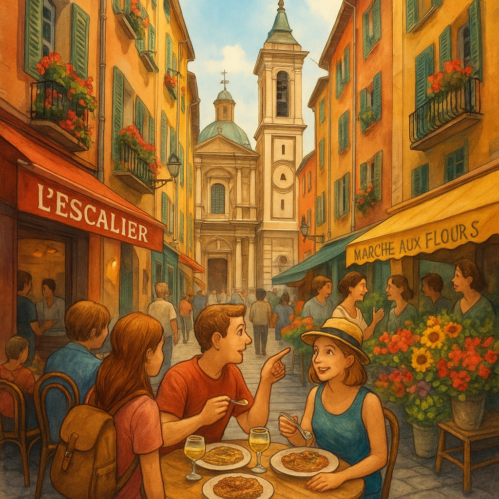 Ruelles colorées du Vieux Nice avec des touristes et un marché aux fleurs en activité.