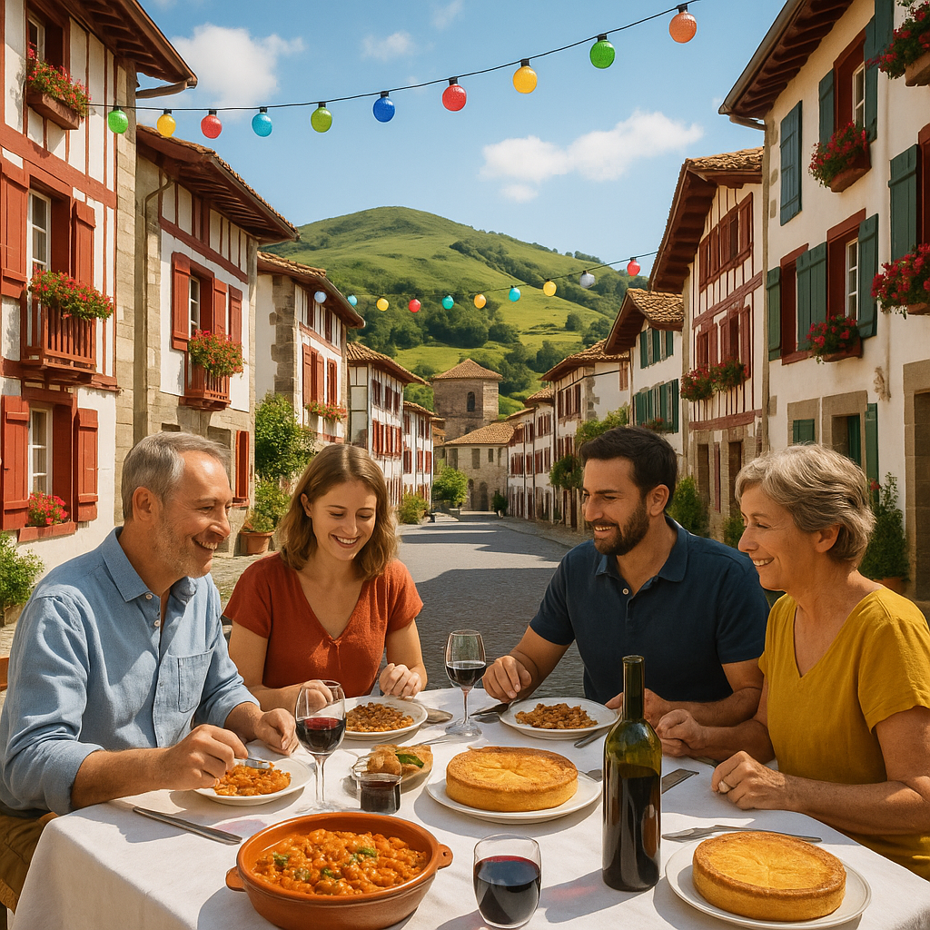 Repas typique au Pays Basque avec village et plats locaux