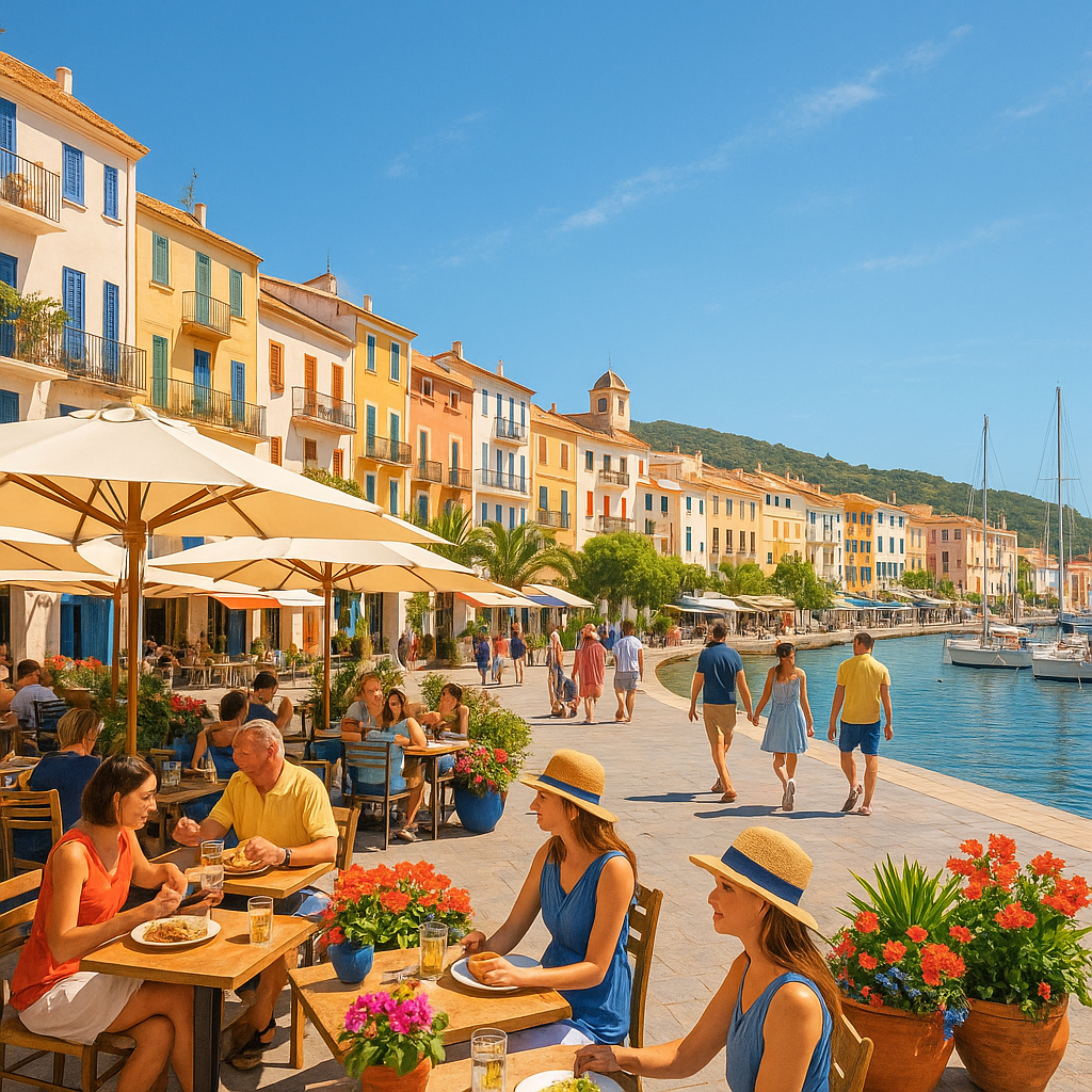Vue panoramique d'une ville côtière méditerranéenne avec des terrasses de cafés animés et des voiliers dans le port.
