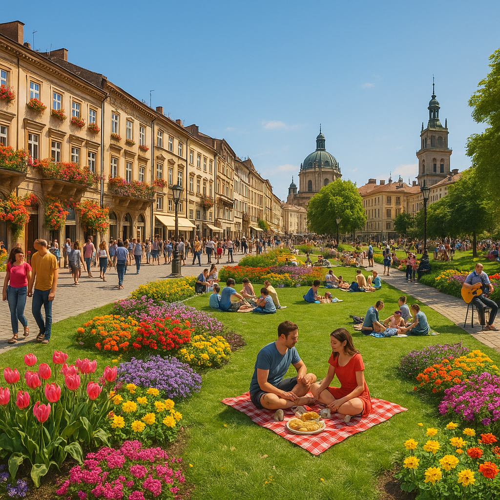 Vue panoramique d'une ville européenne avec des jardins fleuris et des gens profitant du printemps.