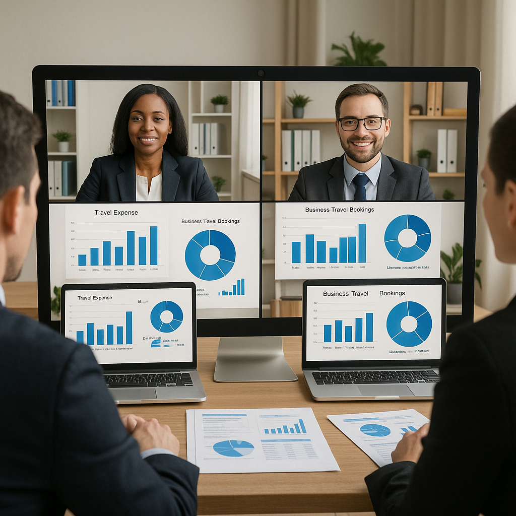 Des professionnels en visioconférence pour discuter de la gestion des voyages d'affaires.