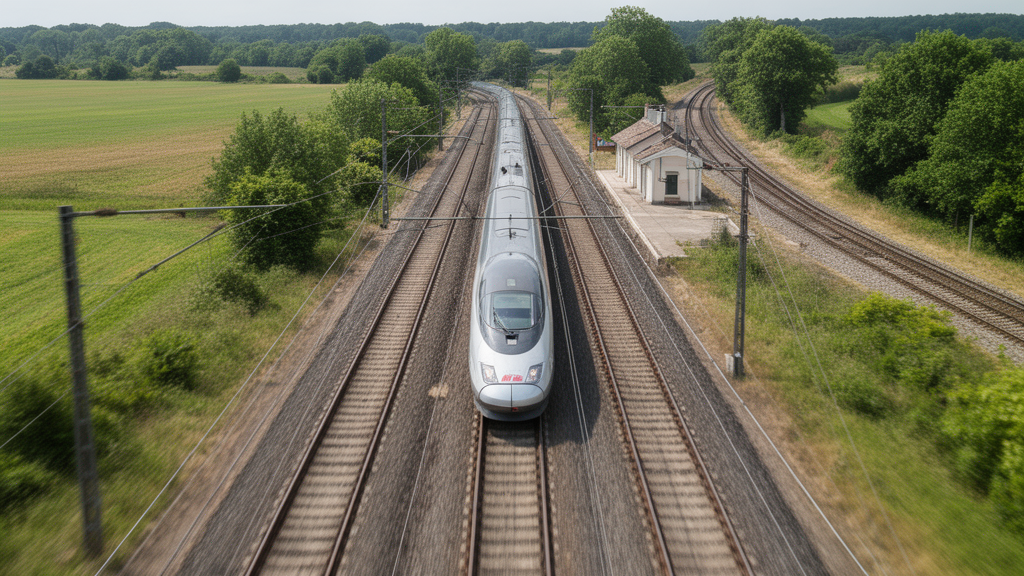 Train Ă grande vitesse sur une ligne LGV illustrant la vitesse TGV et les variations selon les portions du trajet.