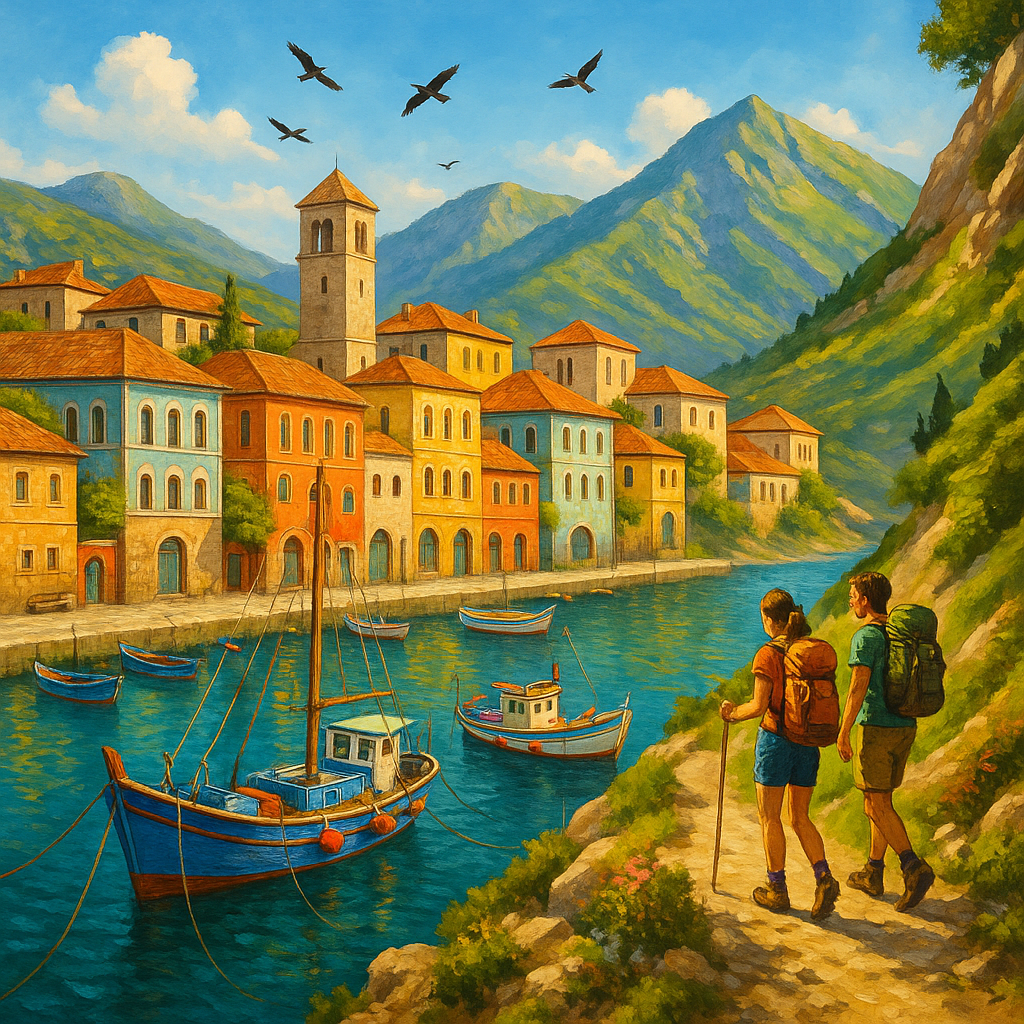 Vue du vieux port de Vlora avec des bâtiments historiques et des randonneurs