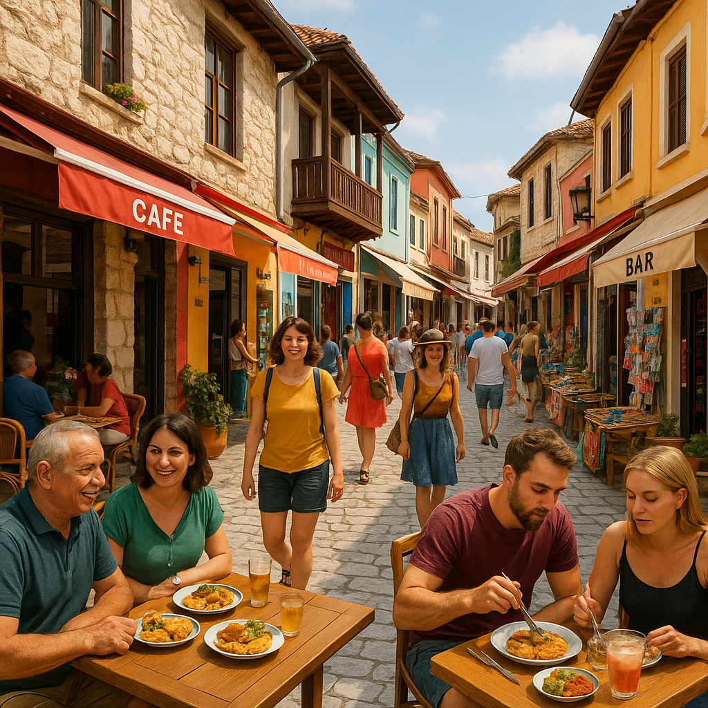 Scène de vie quotidienne à Vlora avec des locaux et des touristes dans une ruelle animée
