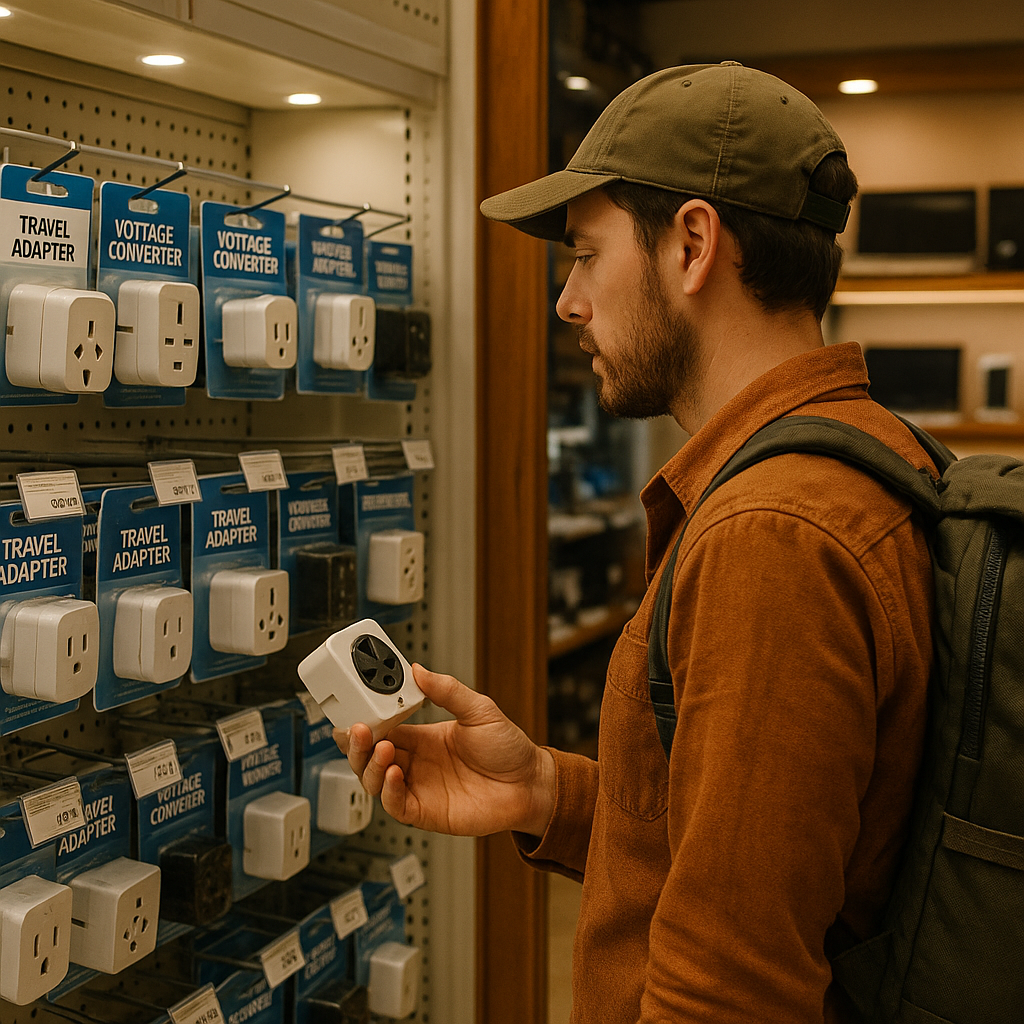 Voyageur examinant des adaptateurs électriques dans un magasin