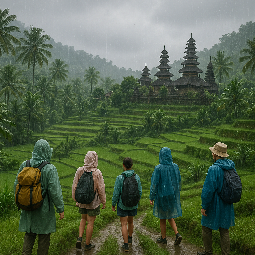 Voyageurs explorant des rizières à Bali pendant la saison des pluies