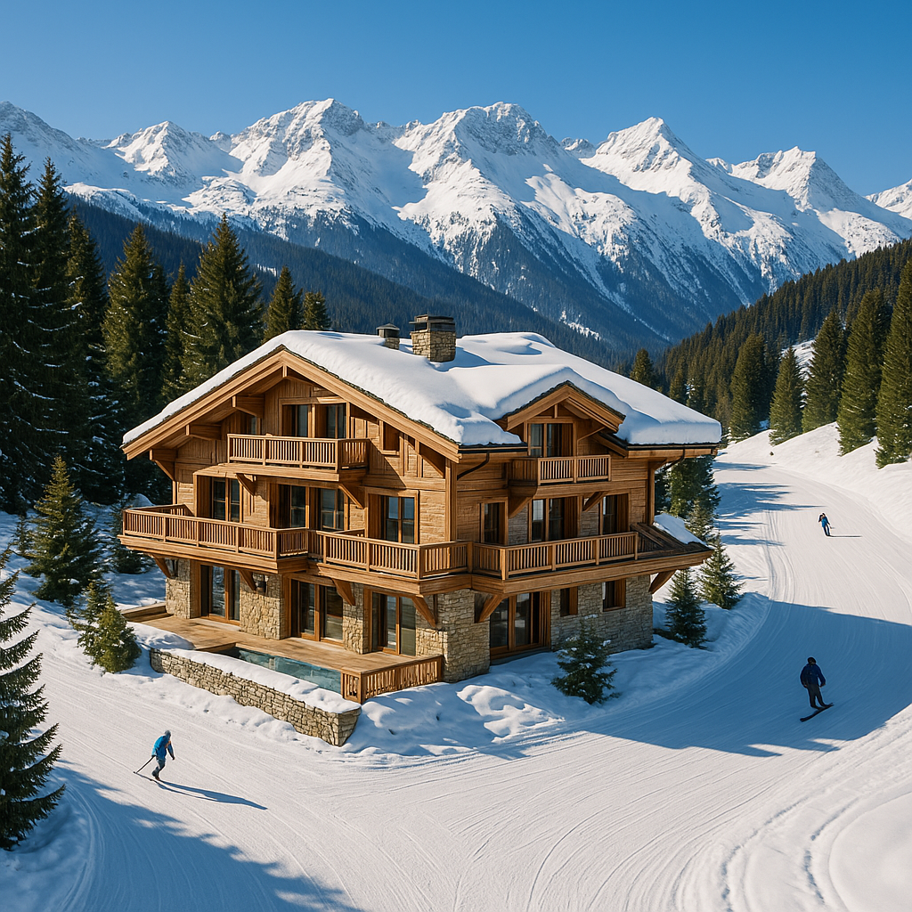Vue aérienne d'un chalet de luxe alpin entouré de sapins et de skieurs sur les pistes.