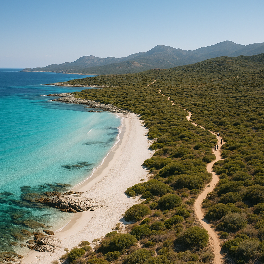 Vue aérienne du désert des Agriates en Corse montrant plages et maquis sauvage, avec des randonneurs au loin.