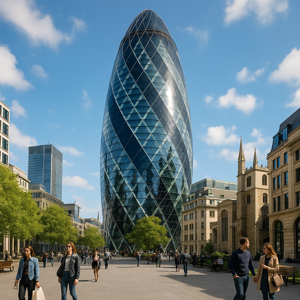 Vue panoramique du Gherkin à Londres mettant en avant son architecture moderne au milieu d'une ville animée.