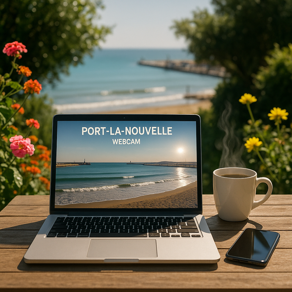 Un ordinateur portable connecté à la webcam de Port-La-Nouvelle montrant la plage en direct, avec une tasse de café et un smartphone sur une table en bois.