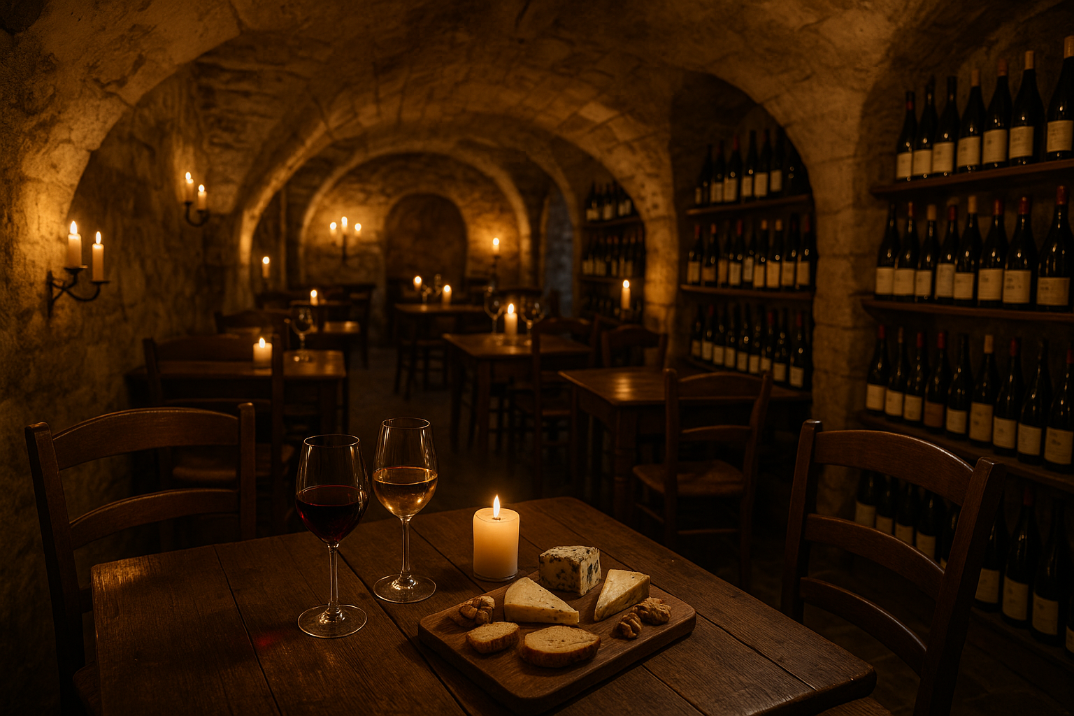 Wine bar in vaulted cellar with Touraine wine and cheese