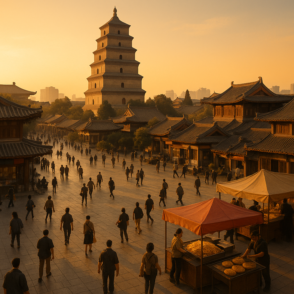 ScĂšne urbaine de Xi'an en Chine, mettant en avant la pagode de la Grande Oie Sauvage et l'animation des rues.