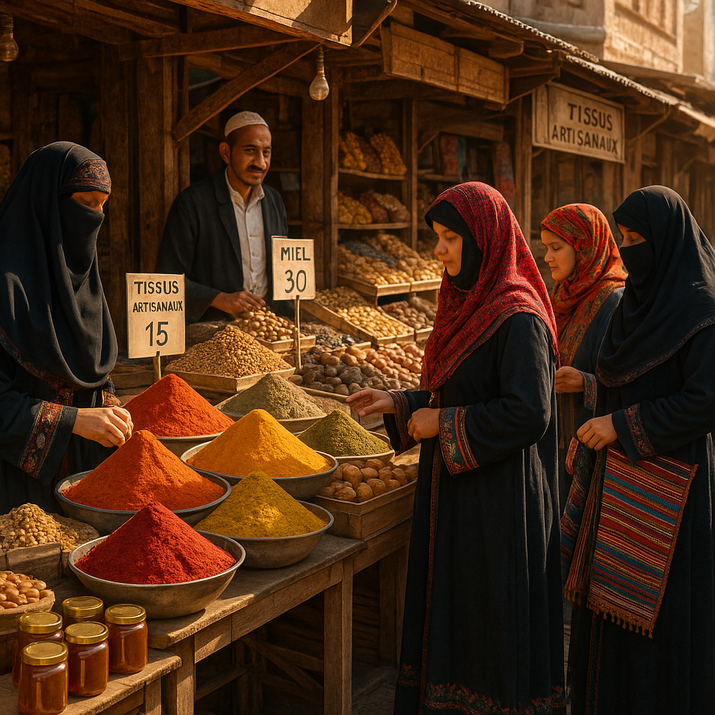 Marché traditionnel à Sanaa, Yémen, avec épices, tissus et artisans.