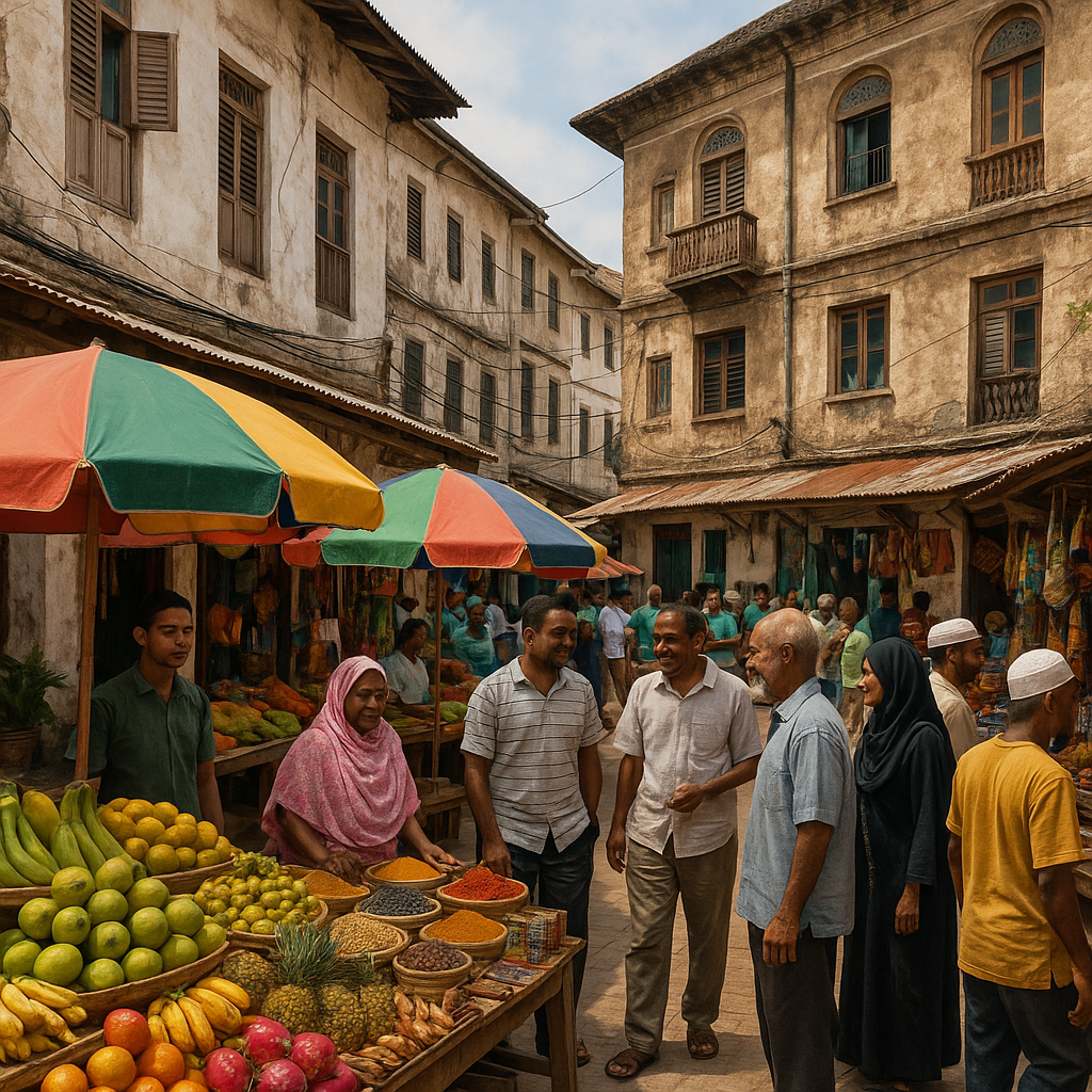 Un marché coloré à Stone Town, Zanzibar, avec des étals de fruits et d'épices, illustrant la vie locale dynamique.