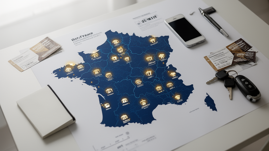 Carte de France avec 17 repères lumineux représentant les Zénith répartis sur le territoire.